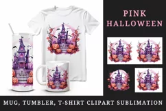 Watercolor Pink Halloween night pumpkins castle haunted house Jack-o-lantern 20oz tumbler skinny mug wrap clipart t-shirt sublimation printable design