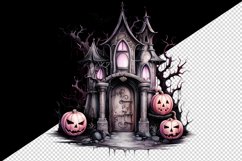 Watercolor Pink Halloween night pumpkins castle haunted house Jack-o-lantern 20oz tumbler skinny mug wrap clipart t-shirt sublimation printable design
