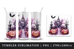 Watercolor Pink Halloween night pumpkins castle haunted house Jack-o-lantern 20oz tumbler skinny mug wrap clipart t-shirt sublimation printable design