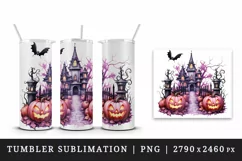 Watercolor Pink Halloween night pumpkins castle haunted house Jack-o-lantern 20oz tumbler skinny mug wrap clipart t-shirt sublimation printable design