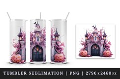Watercolor Pink Halloween night pumpkins castle haunted house Jack-o-lantern 20oz tumbler skinny mug wrap clipart t-shirt sublimation printable design