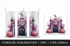 Watercolor Pink Halloween night pumpkins castle haunted house Jack-o-lantern 20oz tumbler skinny mug wrap clipart t-shirt sublimation printable design