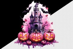 Watercolor Pink Halloween night pumpkins castle haunted house Jack-o-lantern 20oz tumbler skinny mug wrap clipart t-shirt sublimation printable design