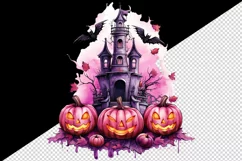 Watercolor Pink Halloween night pumpkins castle haunted house Jack-o-lantern 20oz tumbler skinny mug wrap clipart t-shirt sublimation printable design