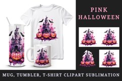 Watercolor Pink Halloween night pumpkins castle haunted house Jack-o-lantern 20oz tumbler skinny mug wrap clipart t-shirt sublimation printable design