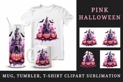 Watercolor Pink Halloween night pumpkins castle haunted house Jack-o-lantern 20oz tumbler skinny mug wrap clipart t-shirt sublimation printable design
