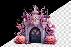 Watercolor Pink Halloween night pumpkins castle haunted house Jack-o-lantern 20oz tumbler skinny mug wrap clipart t-shirt sublimation printable design
