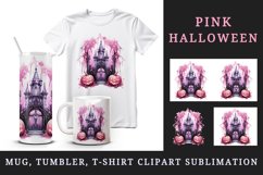 Watercolor Pink Halloween night pumpkins castle haunted house Jack-o-lantern 20oz tumbler skinny mug wrap clipart t-shirt sublimation printable design