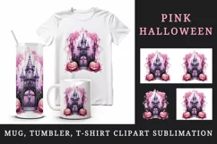 Watercolor Pink Halloween night pumpkins castle haunted house Jack-o-lantern 20oz tumbler skinny mug wrap clipart t-shirt sublimation printable design