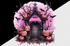 Watercolor Pink Halloween night pumpkins castle haunted house Jack-o-lantern 20oz tumbler skinny mug wrap clipart t-shirt sublimation printable design