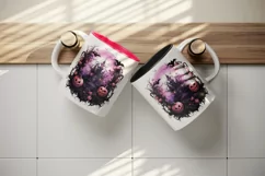 Watercolor Pink Halloween night pumpkins castle haunted house Jack-o-lantern 20oz tumbler skinny mug wrap clipart t-shirt sublimation printable design