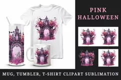 Watercolor Pink Halloween night pumpkins castle haunted house Jack-o-lantern 20oz tumbler skinny mug wrap clipart t-shirt sublimation printable design
