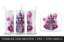 Watercolor Pink Halloween night pumpkins castle haunted house Jack-o-lantern 20oz tumbler skinny mug wrap clipart t-shirt sublimation printable design