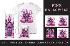 Watercolor Pink Halloween night pumpkins castle haunted house Jack-o-lantern 20oz tumbler skinny mug wrap clipart t-shirt sublimation printable design