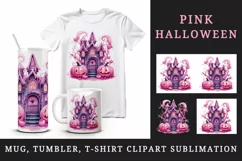 Watercolor Pink Halloween night pumpkins castle haunted house Jack-o-lantern 20oz tumbler skinny mug wrap clipart t-shirt sublimation printable design