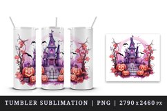 Watercolor Pink Halloween night pumpkins castle haunted house Jack-o-lantern 20oz tumbler skinny mug wrap clipart t-shirt sublimation printable design