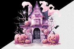 Watercolor Pink Halloween night pumpkins castle haunted house Jack-o-lantern 20oz tumbler skinny mug wrap clipart t-shirt sublimation printable design