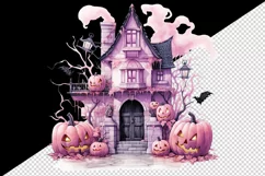 Watercolor Pink Halloween night pumpkins castle haunted house Jack-o-lantern 20oz tumbler skinny mug wrap clipart t-shirt sublimation printable design