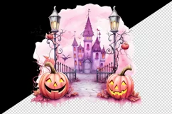 Watercolor Pink Halloween night pumpkins castle haunted house Jack-o-lantern 20oz tumbler skinny mug wrap clipart t-shirt sublimation printable design