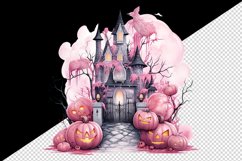 Watercolor Pink Halloween night pumpkins castle haunted house Jack-o-lantern 20oz tumbler skinny mug wrap clipart t-shirt sublimation printable design