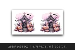 Watercolor Pink Halloween night pumpkins castle haunted house Jack-o-lantern 20oz tumbler skinny mug wrap clipart t-shirt sublimation printable design