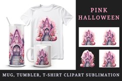 Watercolor Pink Halloween night pumpkins castle haunted house Jack-o-lantern 20oz tumbler skinny mug wrap clipart t-shirt sublimation printable design