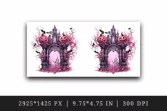 Watercolor Pink Halloween night pumpkins castle haunted house Jack-o-lantern 20oz tumbler skinny mug wrap clipart t-shirt sublimation printable design