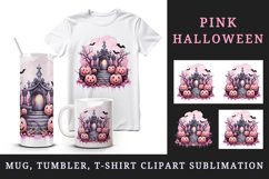 Watercolor Pink Halloween night pumpkins castle haunted house Jack-o-lantern 20oz tumbler skinny mug wrap clipart t-shirt sublimation printable design