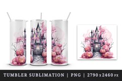 Watercolor Pink Halloween night pumpkins castle haunted house Jack-o-lantern 20oz tumbler skinny mug wrap clipart t-shirt sublimation printable design