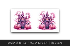 Watercolor Pink Halloween night pumpkins castle haunted house Jack-o-lantern 20oz tumbler skinny mug wrap clipart t-shirt sublimation printable design