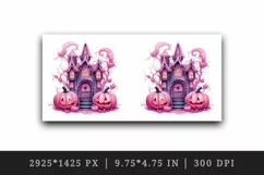 Watercolor Pink Halloween night pumpkins castle haunted house Jack-o-lantern 20oz tumbler skinny mug wrap clipart t-shirt sublimation printable design