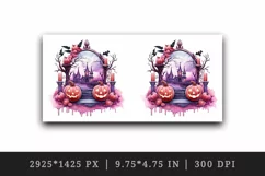 Watercolor Pink Halloween night pumpkins castle haunted house Jack-o-lantern 20oz tumbler skinny mug wrap clipart t-shirt sublimation printable design