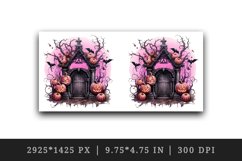 Watercolor Pink Halloween night pumpkins castle haunted house Jack-o-lantern 20oz tumbler skinny mug wrap clipart t-shirt sublimation printable design