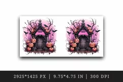 Watercolor Pink Halloween night pumpkins castle haunted house Jack-o-lantern 20oz tumbler skinny mug wrap clipart t-shirt sublimation printable design