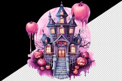 Watercolor Pink Halloween night pumpkins castle haunted house Jack-o-lantern 20oz tumbler skinny mug wrap clipart t-shirt sublimation printable design