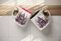 Watercolor Pink Halloween night pumpkins castle haunted house Jack-o-lantern 20oz tumbler skinny mug wrap clipart t-shirt sublimation printable design