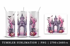 Watercolor Pink Halloween night pumpkins castle haunted house Jack-o-lantern 20oz tumbler skinny mug wrap clipart t-shirt sublimation printable design