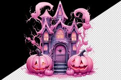 Watercolor Pink Halloween night pumpkins castle haunted house Jack-o-lantern 20oz tumbler skinny mug wrap clipart t-shirt sublimation printable design