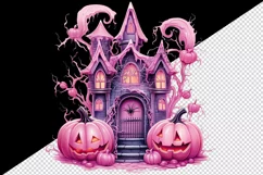 Watercolor Pink Halloween night pumpkins castle haunted house Jack-o-lantern 20oz tumbler skinny mug wrap clipart t-shirt sublimation printable design