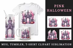Watercolor Pink Halloween night pumpkins castle haunted house Jack-o-lantern 20oz tumbler skinny mug wrap clipart t-shirt sublimation printable design