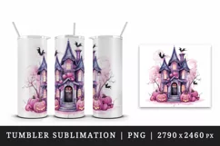 Watercolor Pink Halloween night pumpkins castle haunted house Jack-o-lantern 20oz tumbler skinny mug wrap clipart t-shirt sublimation printable design