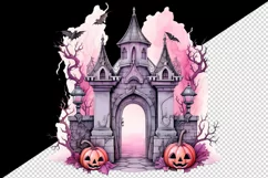 Watercolor Pink Halloween night pumpkins castle haunted house Jack-o-lantern 20oz tumbler skinny mug wrap clipart t-shirt sublimation printable design