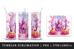 Watercolor Pink Halloween night pumpkins castle haunted house Jack-o-lantern 20oz tumbler skinny mug wrap clipart t-shirt sublimation printable design