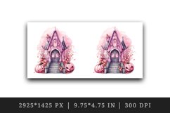 Watercolor Pink Halloween night pumpkins castle haunted house Jack-o-lantern 20oz tumbler skinny mug wrap clipart t-shirt sublimation printable design