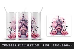 Watercolor Pink Halloween night pumpkins castle haunted house Jack-o-lantern 20oz tumbler skinny mug wrap clipart t-shirt sublimation printable design