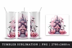 Watercolor Pink Halloween night pumpkins castle haunted house Jack-o-lantern 20oz tumbler skinny mug wrap clipart t-shirt sublimation printable design