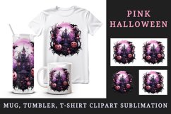 Watercolor Pink Halloween night pumpkins castle haunted house Jack-o-lantern 20oz tumbler skinny mug wrap clipart t-shirt sublimation printable design