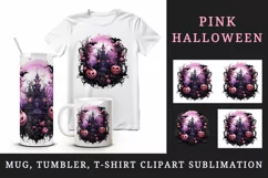 Watercolor Pink Halloween night pumpkins castle haunted house Jack-o-lantern 20oz tumbler skinny mug wrap clipart t-shirt sublimation printable design