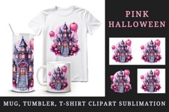 Watercolor Pink Halloween night pumpkins castle haunted house Jack-o-lantern 20oz tumbler skinny mug wrap clipart t-shirt sublimation printable design