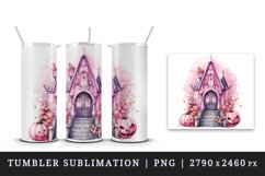 Watercolor Pink Halloween night pumpkins castle haunted house Jack-o-lantern 20oz tumbler skinny mug wrap clipart t-shirt sublimation printable design
